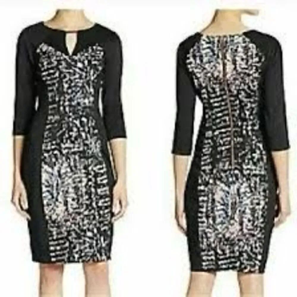 Jax Women’s Size 14 Sheath Dress Black Multicolor 3/4 Sleeve Knee Length Zip Up